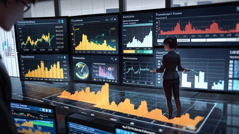 Oficina moderna de tecnología financiera con gráficos digitales en las pantallas