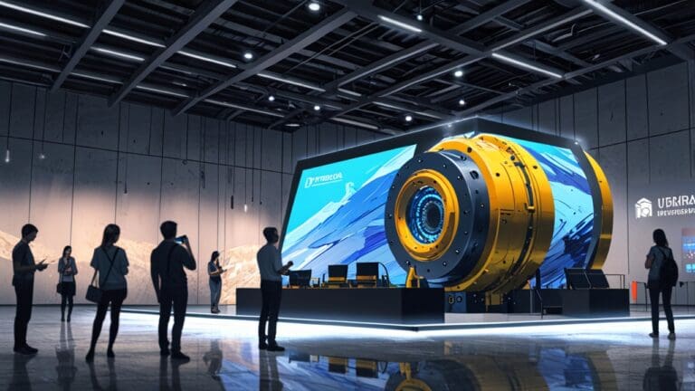 Exposición moderna de tecnología minera en un pabellón de innovación