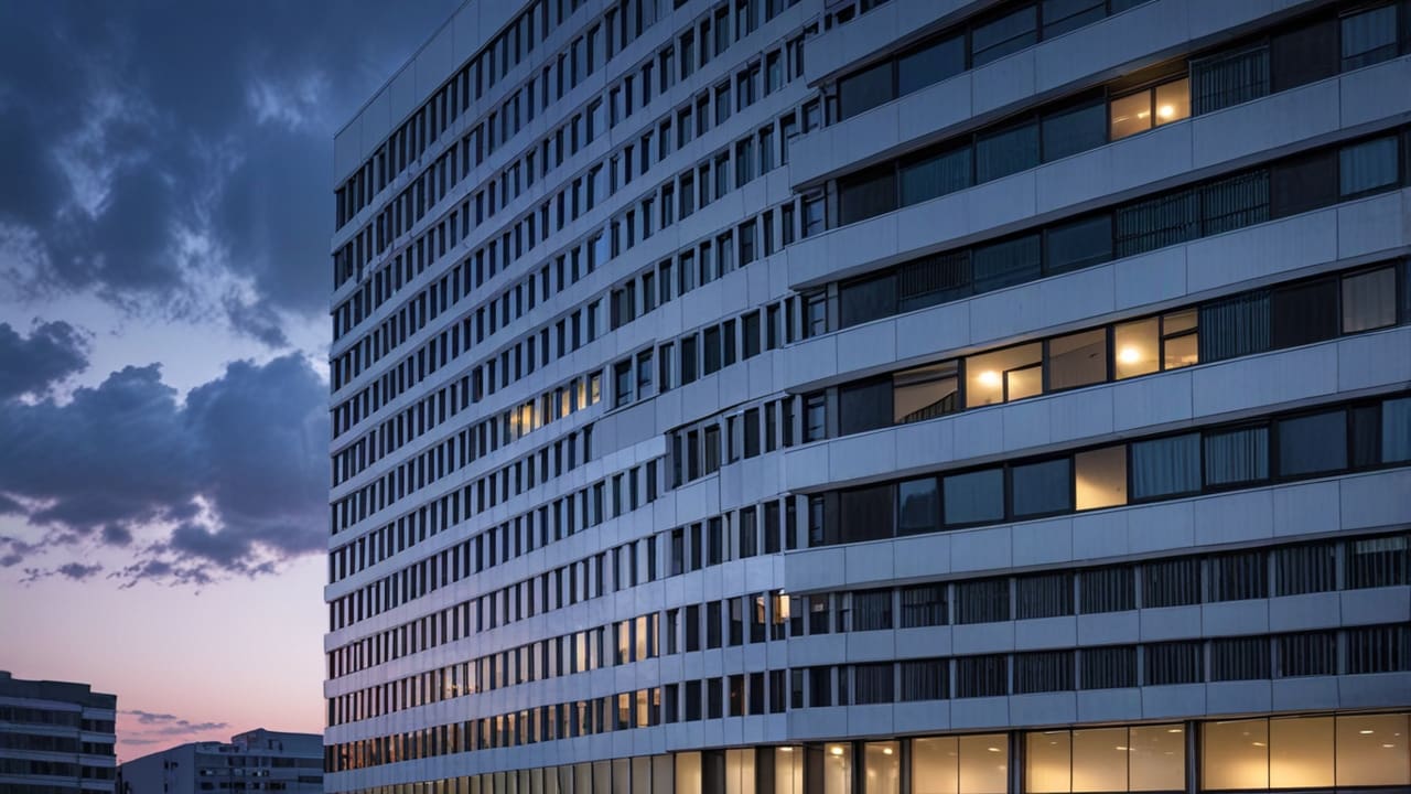 Fachada de un moderno edificio de alta tecnología en Europa al amanecer