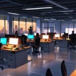 Vista moderna de un centro de innovación tecnológica con startups colaborando en sus oficinas