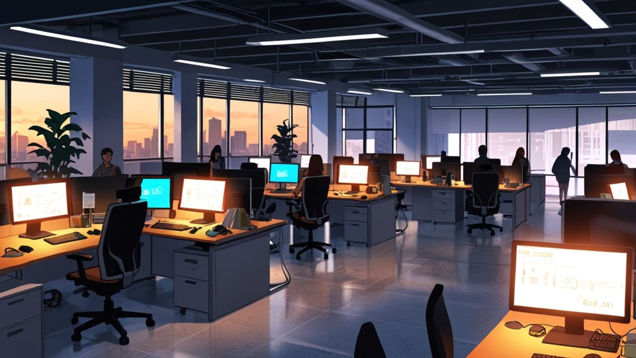 Vista moderna de un centro de innovación tecnológica con startups colaborando en sus oficinas