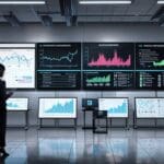 Oficinas modernas de una institución financiera con pantallas digitales y gráficos de innovación.