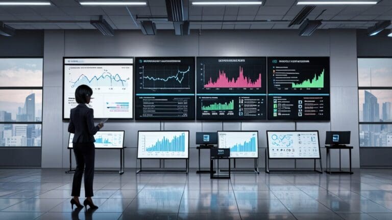 Oficinas modernas de una institución financiera con pantallas digitales y gráficos de innovación.