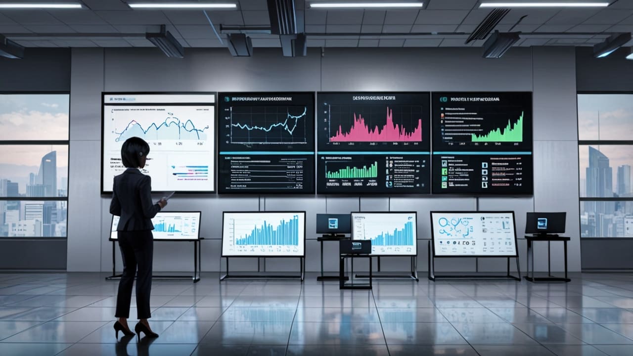 Oficinas modernas de una institución financiera con pantallas digitales y gráficos de innovación.