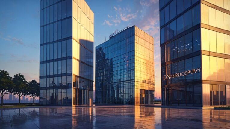 Dos edificios modernos de empresas tecnológicas con el amanecer de fondo, simbolizando innovación y colaboración empresarial.