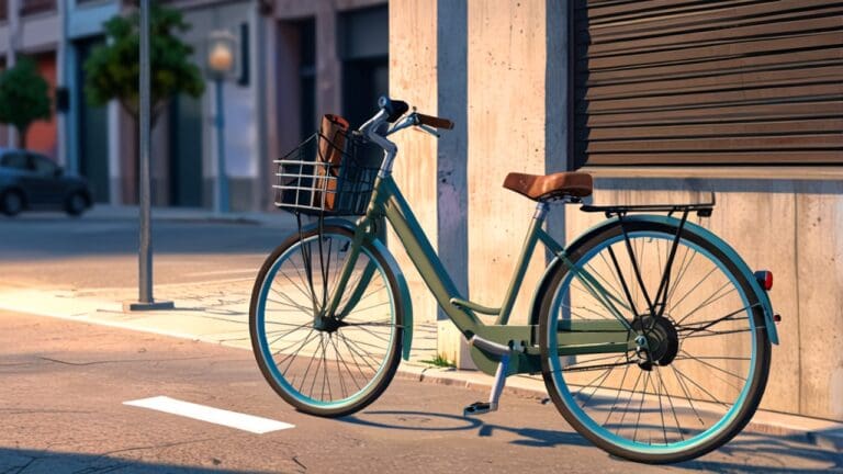 Primer plano de una bicicleta urbana con un accesorio eléctrico innovador en una calle moderna.