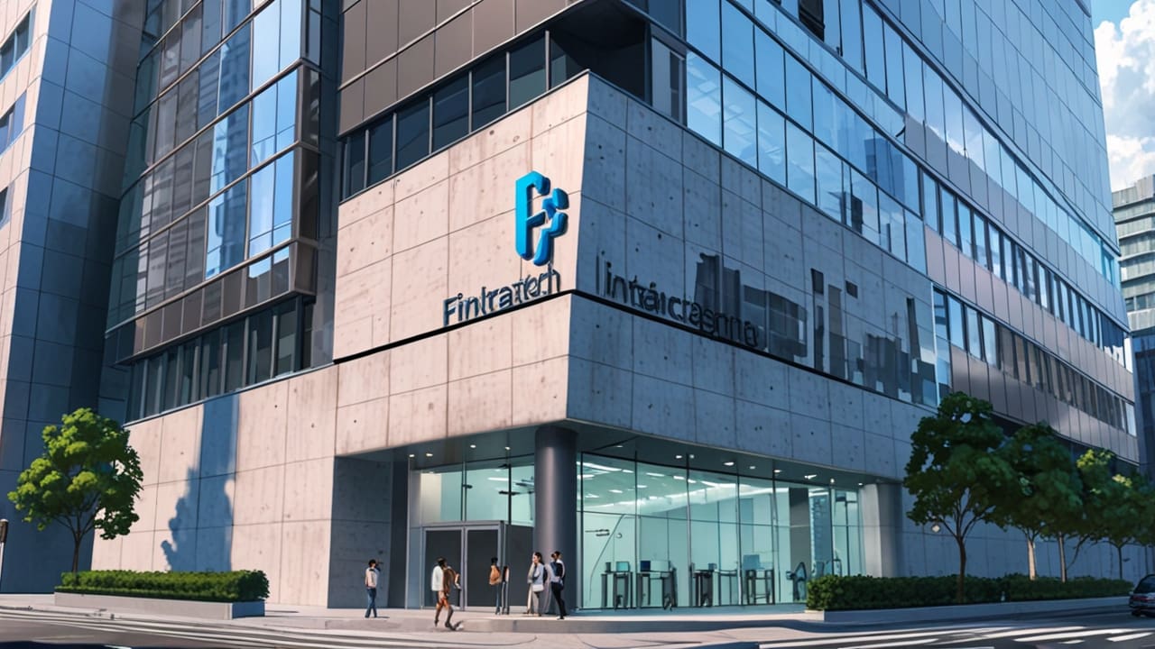 Edificio corporativo moderno con logotipo de fintech en una ciudad.