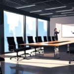 Oficina moderna con equipo colaborando en una sala de conferencias, vista desde arriba