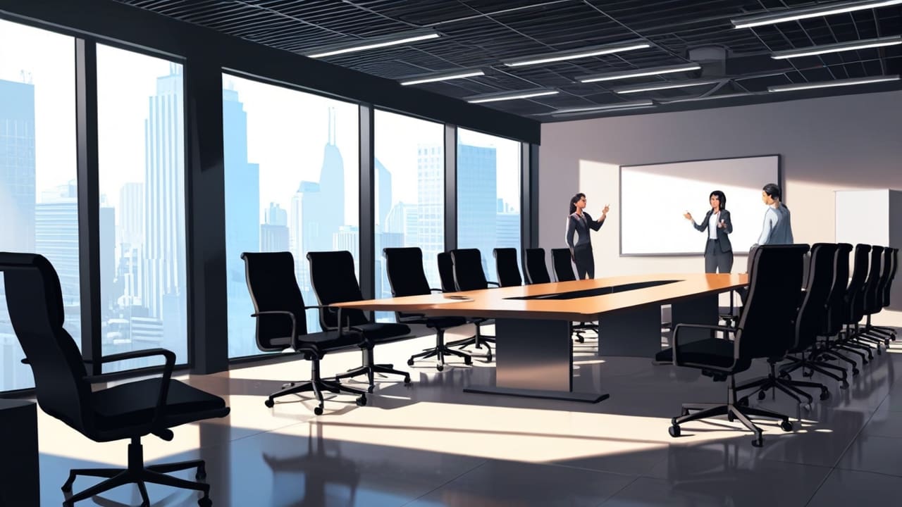 Oficina moderna con equipo colaborando en una sala de conferencias, vista desde arriba