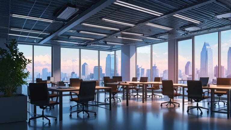 Oficinas modernas de una startup tecnológica bajo un cielo nublado