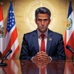 Retrato de un líder en una conferencia de prensa con un fondo de banderas de países latinoamericanos