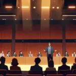 Personas reunidas en un auditorio moderno discutiendo innovaciones tecnológicas