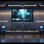 Sala de control tecnológica con múltiples pantallas mostrando canales de streaming.