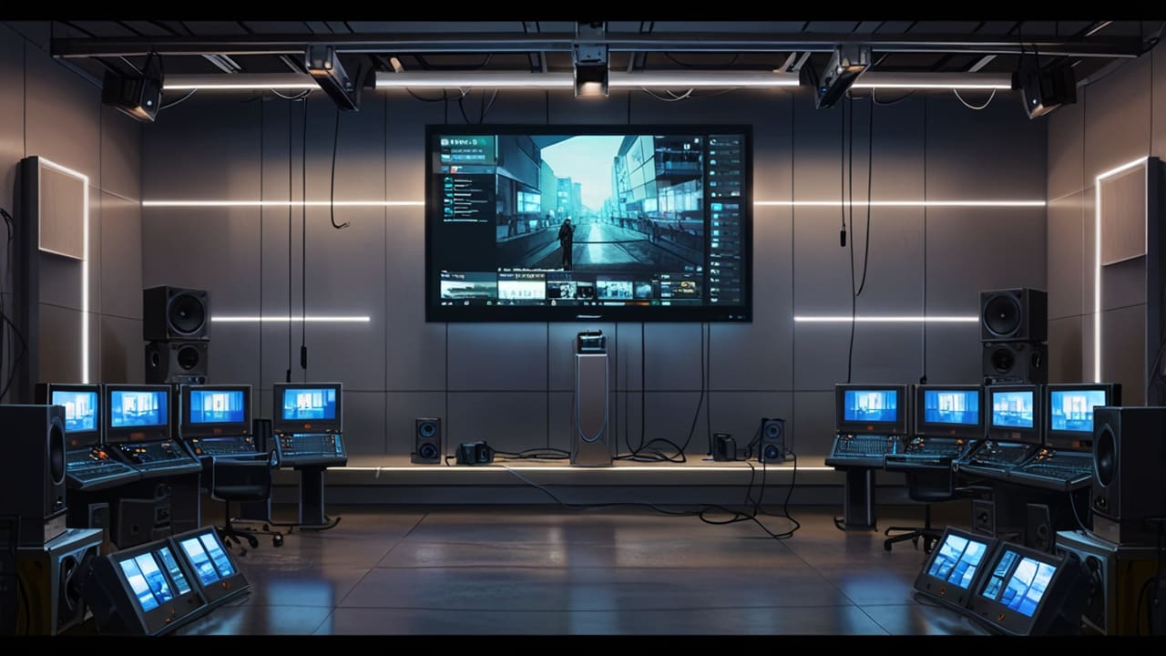 Sala de control tecnológica con múltiples pantallas mostrando canales de streaming.