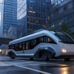 Un vehículo eléctrico futurista en un entorno urbano moderno con edificios de fondo al amanecer.