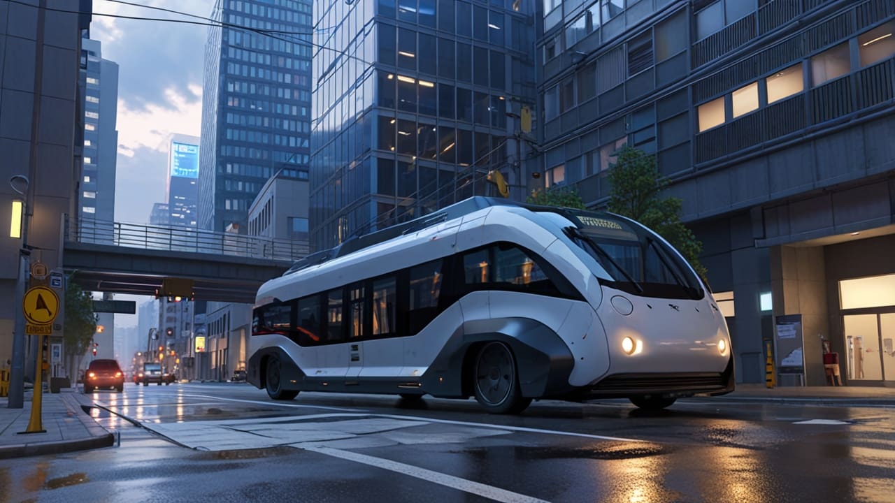 Un vehículo eléctrico futurista en un entorno urbano moderno con edificios de fondo al amanecer.