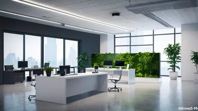 Oficina moderna con elementos tecnológicos y plantas verdes representando salud y tecnología