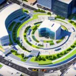 Vista aérea de un moderno centro de innovación tecnológica con arquitectura vanguardista