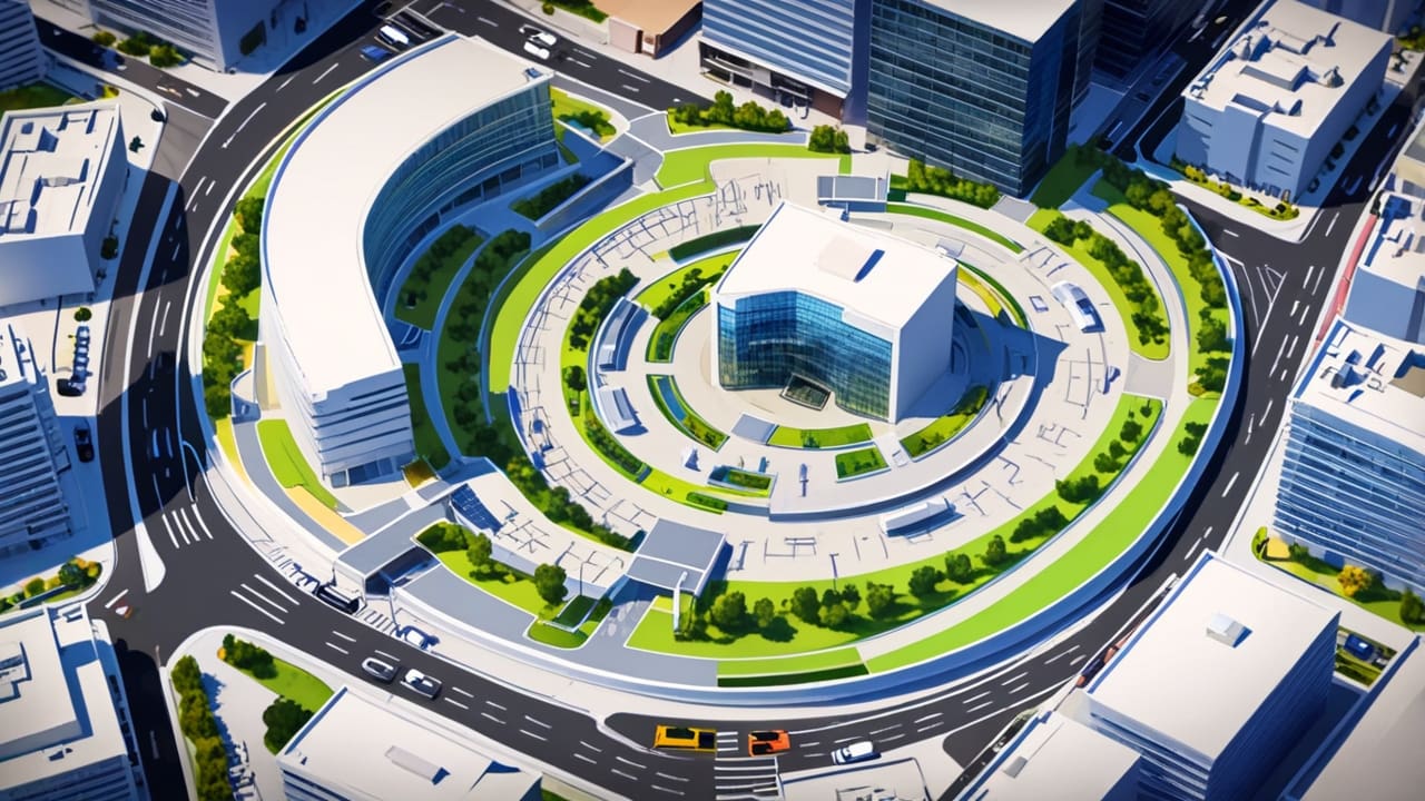 Vista aérea de un moderno centro de innovación tecnológica con arquitectura vanguardista