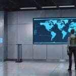 Interior moderno de oficina tecnológica con pantallas mostrando datos de ciberseguridad.