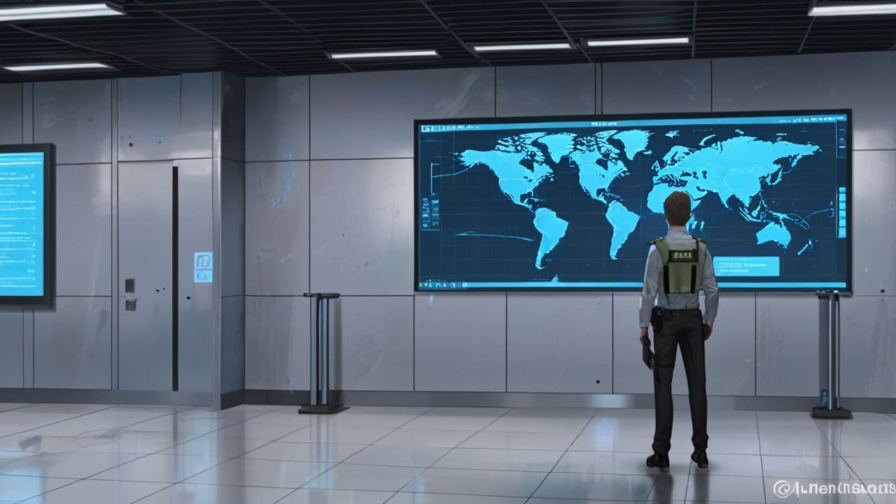 Interior moderno de oficina tecnológica con pantallas mostrando datos de ciberseguridad.