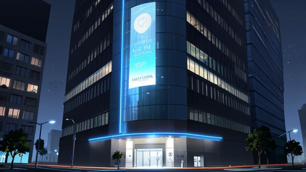 Vista de un elegante edificio corporativo con un cartel digital futurista iluminado en la fachada.