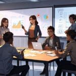 Representación digital de un grupo de jóvenes empresarios en una oficina moderna discutiendo ideas innovadoras, con gráficos tecnológicos en las paredes.