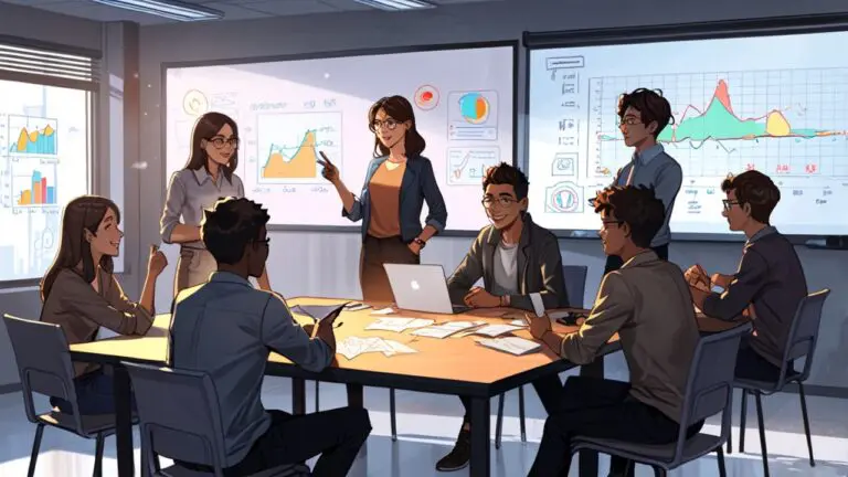 Representación digital de un grupo de jóvenes empresarios en una oficina moderna discutiendo ideas innovadoras, con gráficos tecnológicos en las paredes.