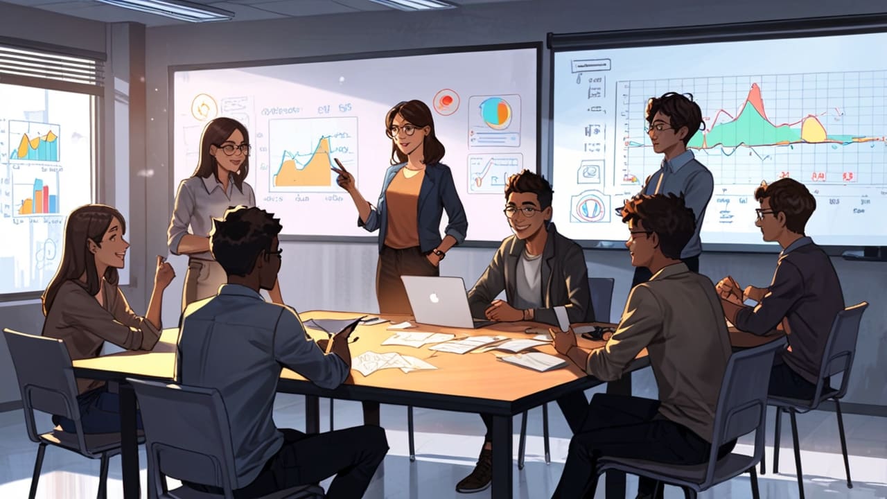 Representación digital de un grupo de jóvenes empresarios en una oficina moderna discutiendo ideas innovadoras, con gráficos tecnológicos en las paredes.