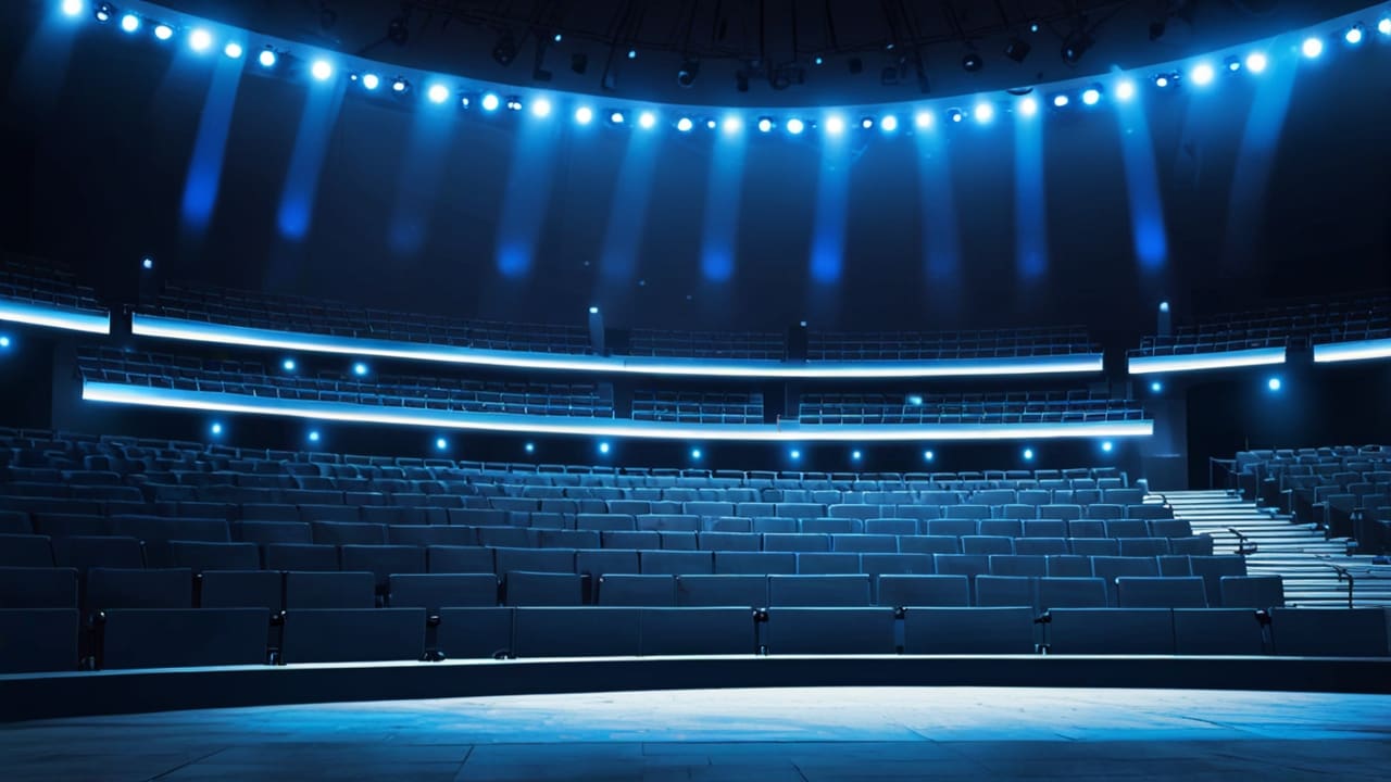 Auditorio moderno con luces azules brillantes y un escenario tecnológico en el centro