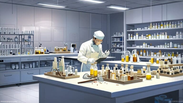 Laboratorio moderno con técnicos trabajando en muestras biológicas sobre mesas blancas