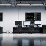 Oficina moderna con computadoras y pantallas que muestran gráficos tecnológicos