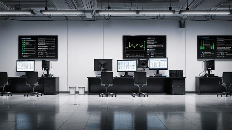 Oficina moderna con computadoras y pantallas que muestran gráficos tecnológicos