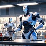 Robots humanoides en un laboratorio tecnológico moderno
