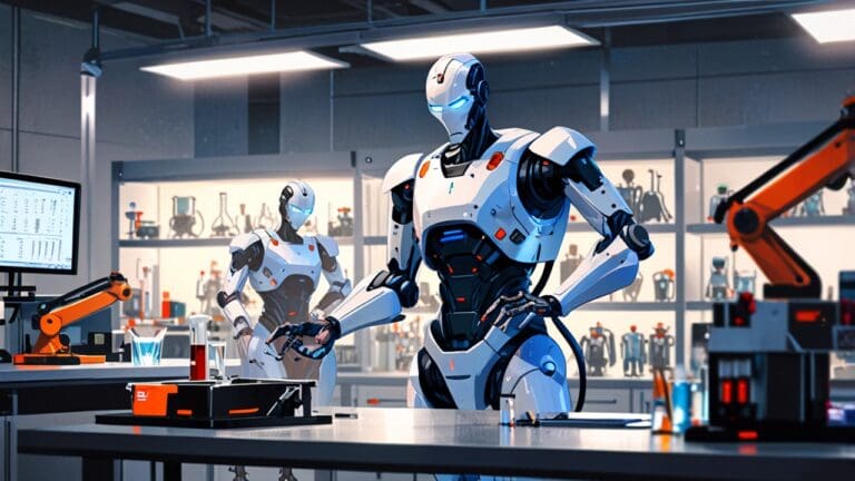 Robots humanoides en un laboratorio tecnológico moderno