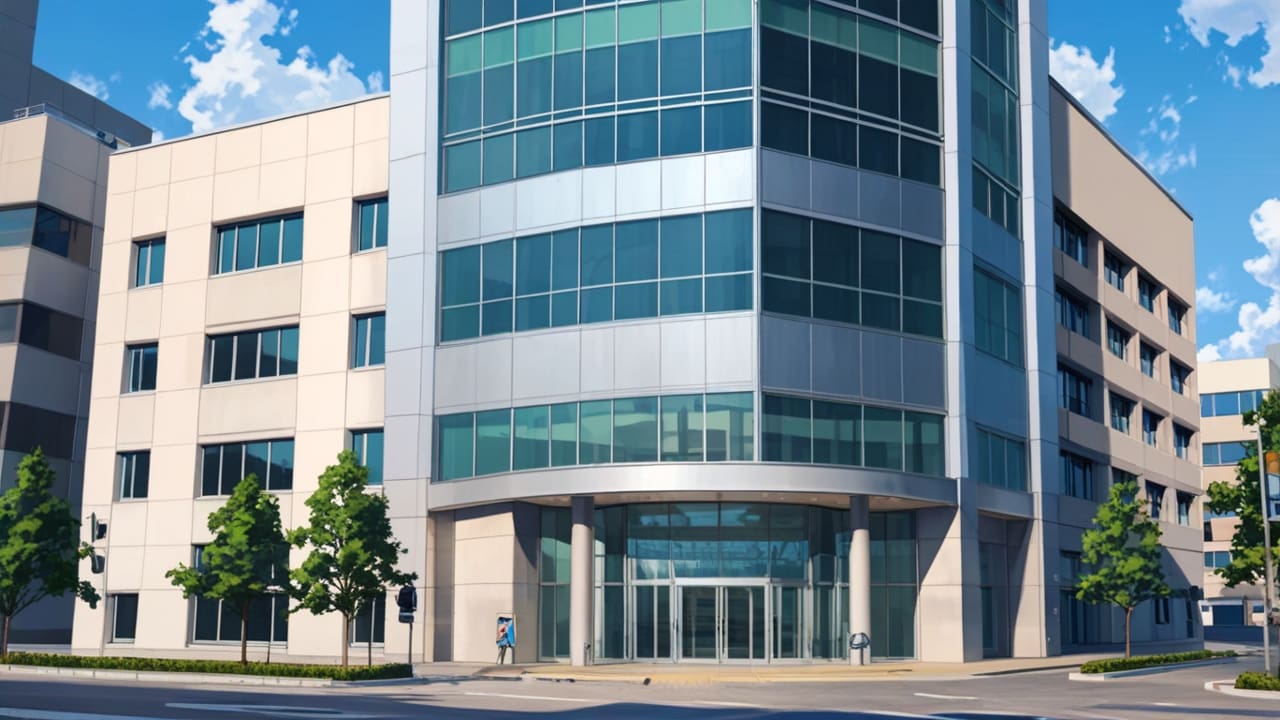 Fachada moderna de una sede corporativa de tecnología en un entorno urbano