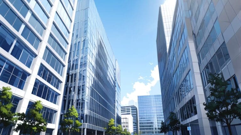 Conjunto de modernos edificios de oficinas rodeados de árboles en el centro de una ciudad tecnológica