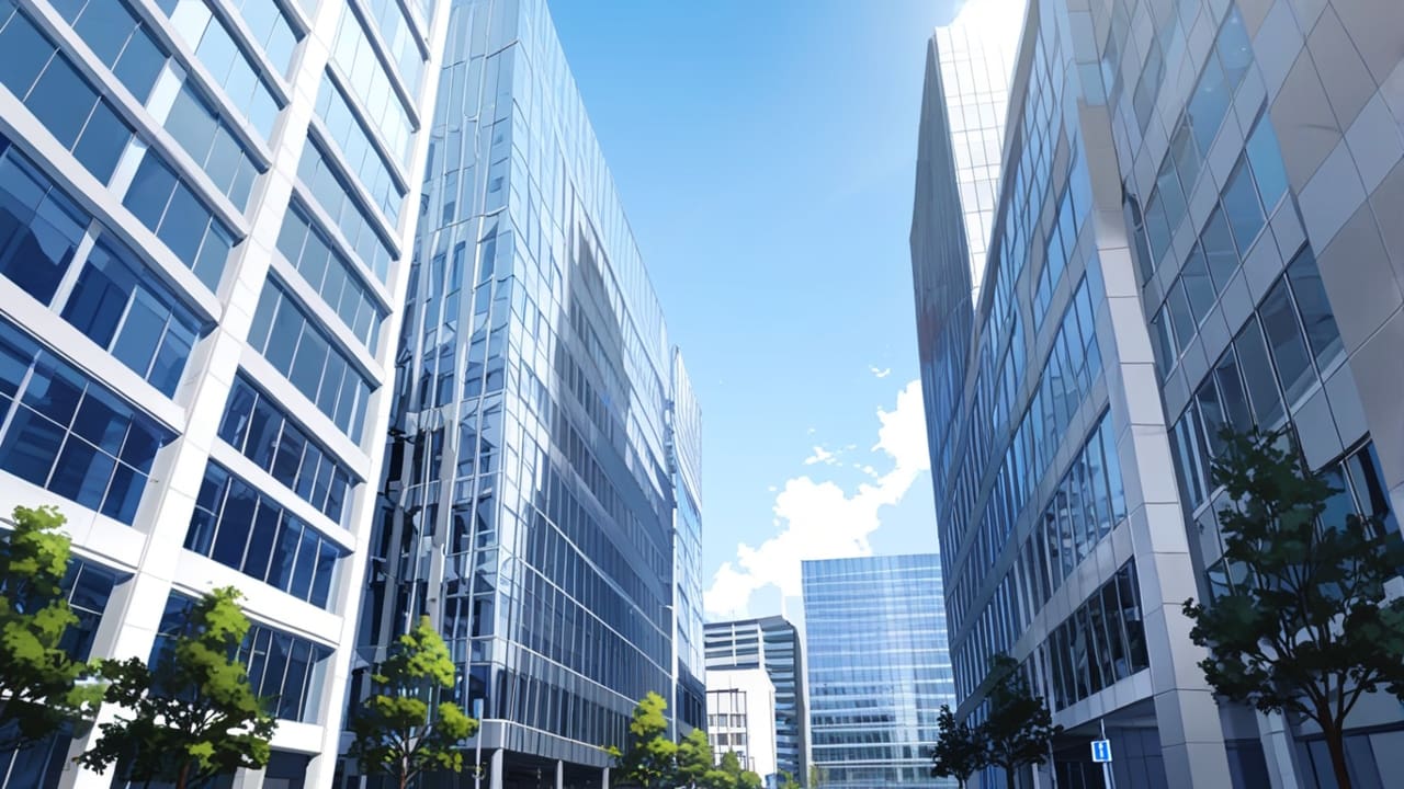 Conjunto de modernos edificios de oficinas rodeados de árboles en el centro de una ciudad tecnológica