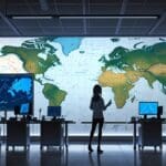 Oficina moderna con equipos tecnológicos avanzados y mapas satelitales en pantallas