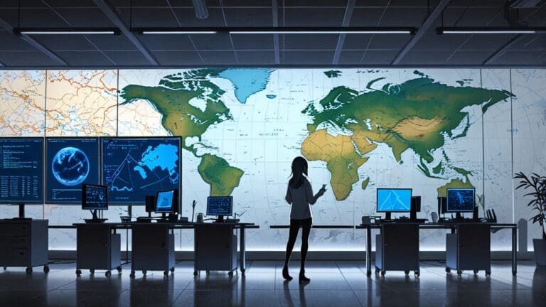 Oficina moderna con equipos tecnológicos avanzados y mapas satelitales en pantallas