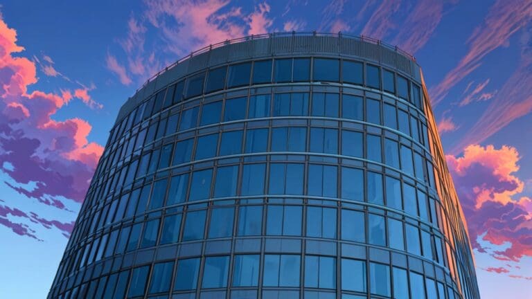 Edificio moderno de una empresa tecnológica iluminado al atardecer con un cielo despejado