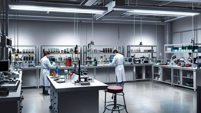 Vista de un moderno laboratorio tecnológico con equipos avanzados de captura de carbono.