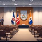 Reunión diplomática entre ejecutivos en una sala de conferencias moderna