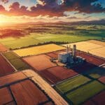 Vista aérea de una planta tecnológica en un paisaje rural al atardecer