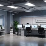 Oficina moderna con computadoras y equipos de edición de video, ambiente tecnológico