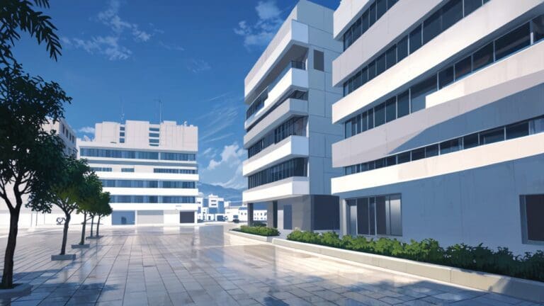 Vista de un moderno centro de innovación tecnológica en Grecia con edificios contemporáneos iluminados.