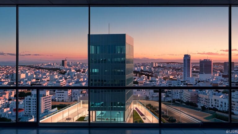 Vista panorámica de oficinas modernas con tecnología digital en Cádiz al anochecer