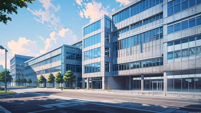 Fachada moderna de oficinas tecnológicas, con arquitectura futurista y elementos digitales