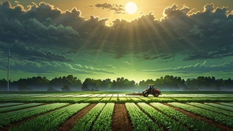 Primer plano de un dispositivo tecnológico en un campo de cultivo verde al amanecer