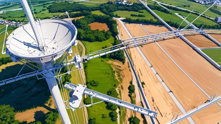 Vista aérea de un área de infraestructura avanzada con antenas satelitales y paisajes naturales integrados.